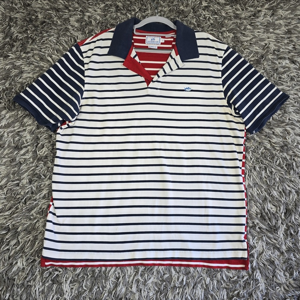 Southern Tide Mens XL Classic Fit Striped Polo Shirt Red White Navy Patriotic